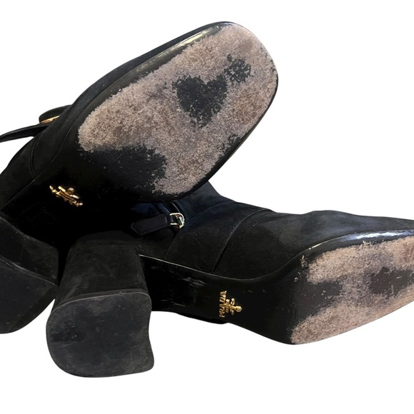 Prada Black Suede Ankle Boots with Gold Accent - Picture 3 of 3